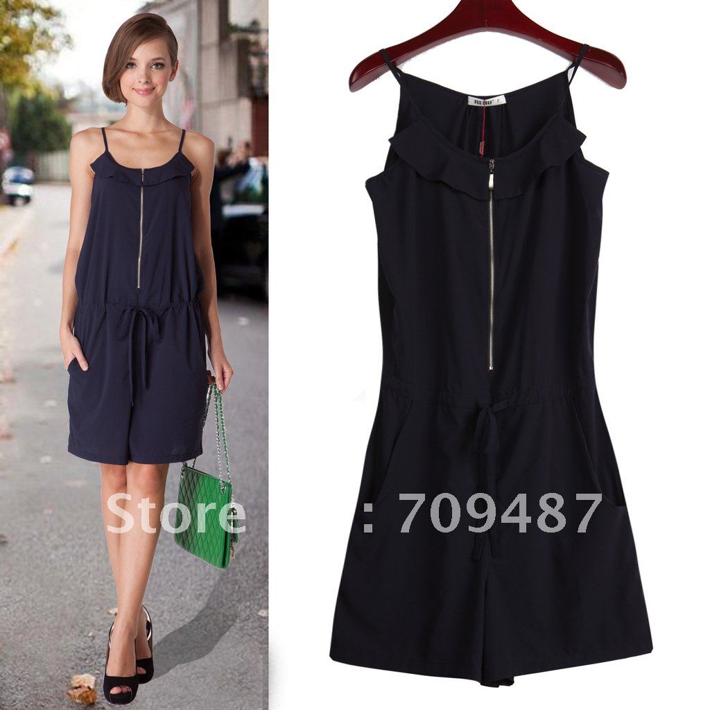 Fashion classic fashion jumpsuit all-match casual ruffle lacing slim waist spaghetti strap jumpsuit shorts