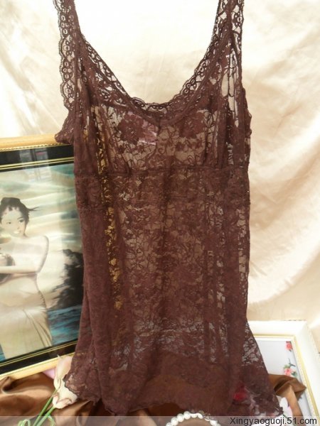 Fashion coffee transparent lace sexy spaghetti strap bra nightgown l