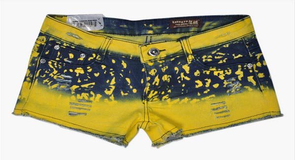 Fashion Color Drawing Hollow Out Yellow Short Jeans Summer Denim Shorts