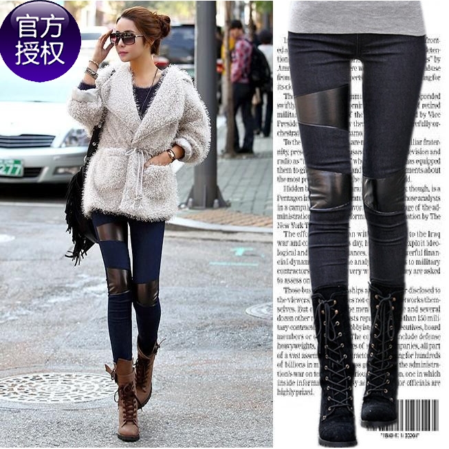 Fashion cool elastic waist slim leather patchwork legging jeans female trousers