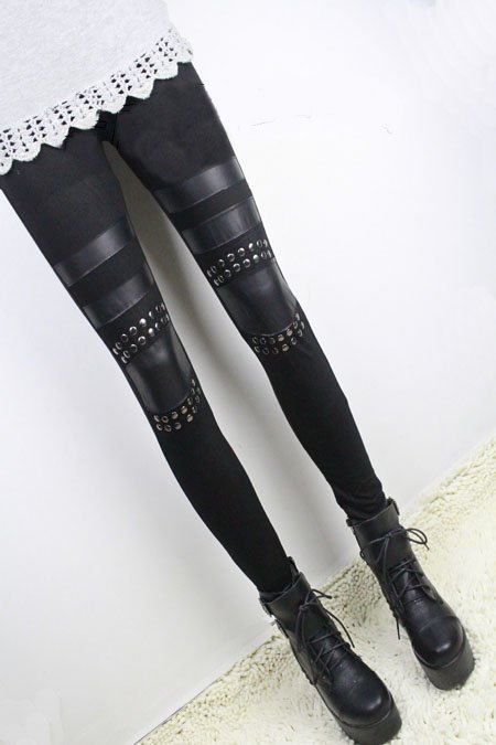 fashion cool women's leggings Modal cotton + PU leather + rivet  sexy leggings/pants patchwork lady Bottoms trousers black gray