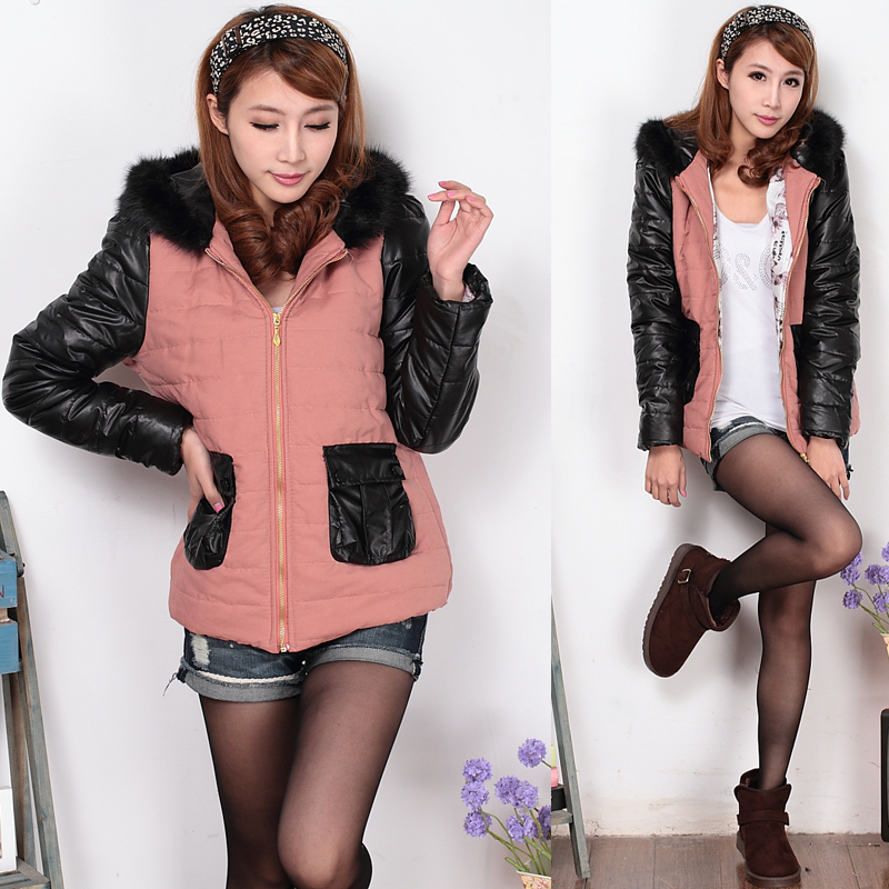 Fashion cotton patchwork imitation leather with a hood fashion female thermal multi-color wadded jacket outerwear