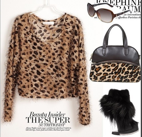 Fashion Design Coffen Color Leopard Pattern Short Fluffy Sweater loosen Pollovers Free Shipping 2013 Spring Autumn Popular