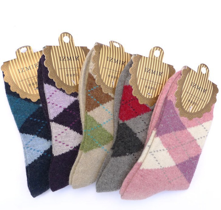 Fashion design woman's warm wool material sock and with rabbit fur thick rhombus print sock for lady 10pairs/lot free shipping