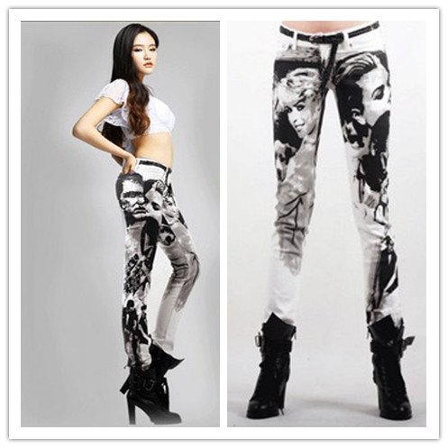 Fashion Designer Black Character Print Jean Slim Mid Waist Lady Denim Jean