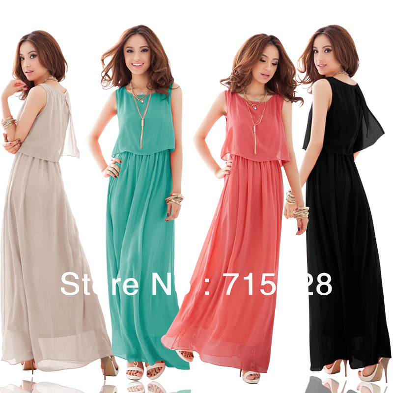 Fashion Dress Cute Maxi Dress Women Pleated Wave Graceful Solid Chiffon Beach Dress Bohemian Style Free Shipping 164133