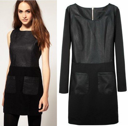 fashion Dresses 2012 womens black sleeveless PU leather dress size S M L free shipping dropship