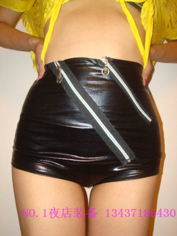 Fashion elastic faux leather zipper decoration high waist pants tiebelt fork ultra-short single-shorts shorts