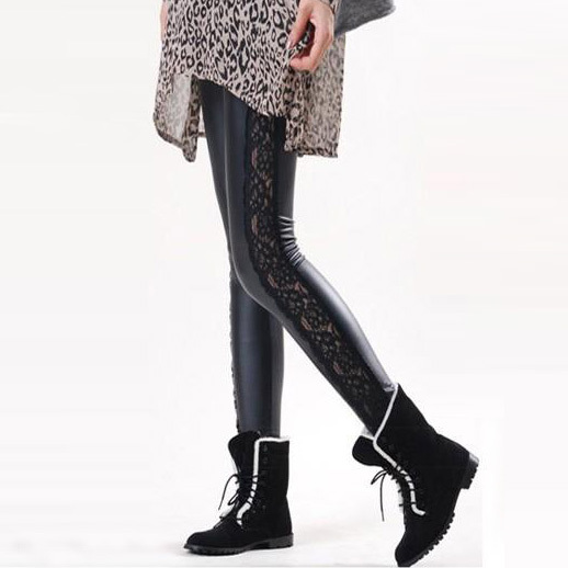 Fashion elastic female faux leather lace legging lace patchwork faux leather ankle length trousers