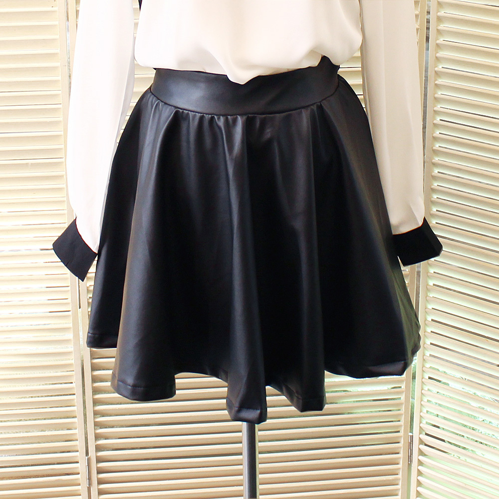 Fashion elegant elastic waist PU expansion skirt fluffy short skirt leather skirt bust skirt