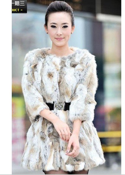 fashion Elegant Vintage Ladies' Real rabbit Fur leather outwear Winter long Coat