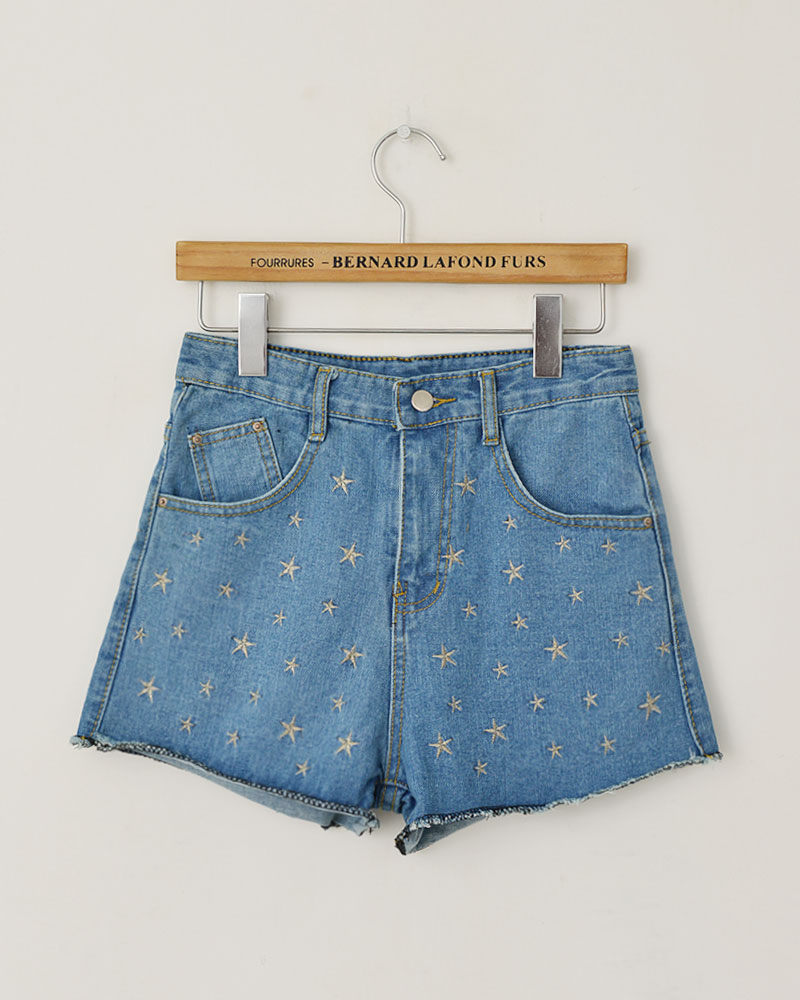 Fashion embroidery single pattern water wash fashion all-match high waist denim shorts women's light blue