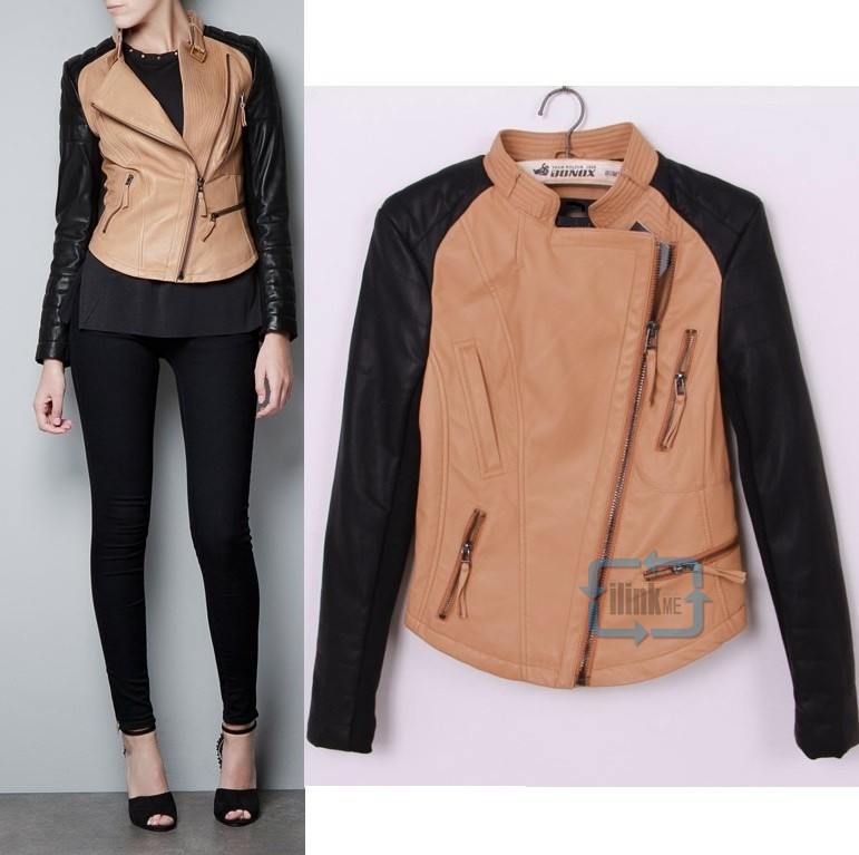 Fashion European Womens Splicing Color Zipper Coat Faux Leather Jacket 2 Colors