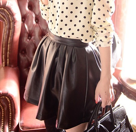 Fashion excellent coveredbuttons elegant elastic waist PU puff short skirt leather skirt bust skirt