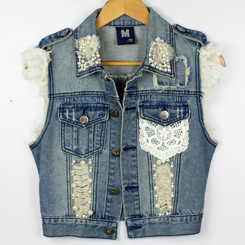 Fashion fashion all-match beaded denim vest female waistcoat outerwear vest small vest