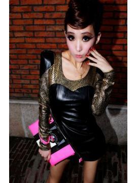 Fashion fashion patchwork leather serpentine pattern sexy puff sleeve slim one-piece dress