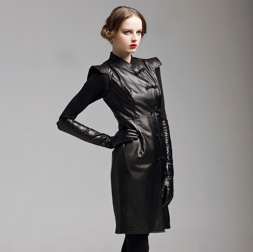 Fashion fashion personalized faux vintage cheongsam style turtleneck slim one-piece dress slim hip leather skirt 9669