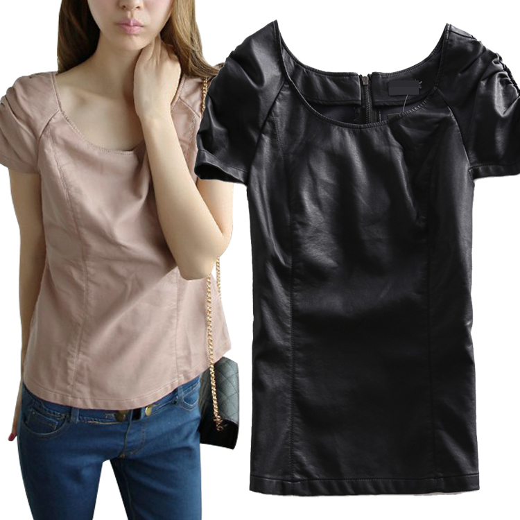 Fashion fashion Women PU pleated bubble short-sleeve o-neck slim leather clothing u406