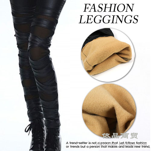 Fashion faux leather cross straps legging punk thickening brushed gauze meat leg ankle length trousers