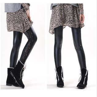 Fashion Faux Leather Exquisite Lace Patchwork Legging Female Ankle Length Trousers Female Legging