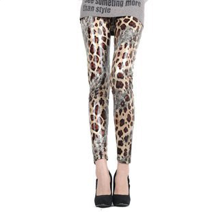 Fashion faux leather legging women's trousers autumn trousers sexy lace leopard print legging