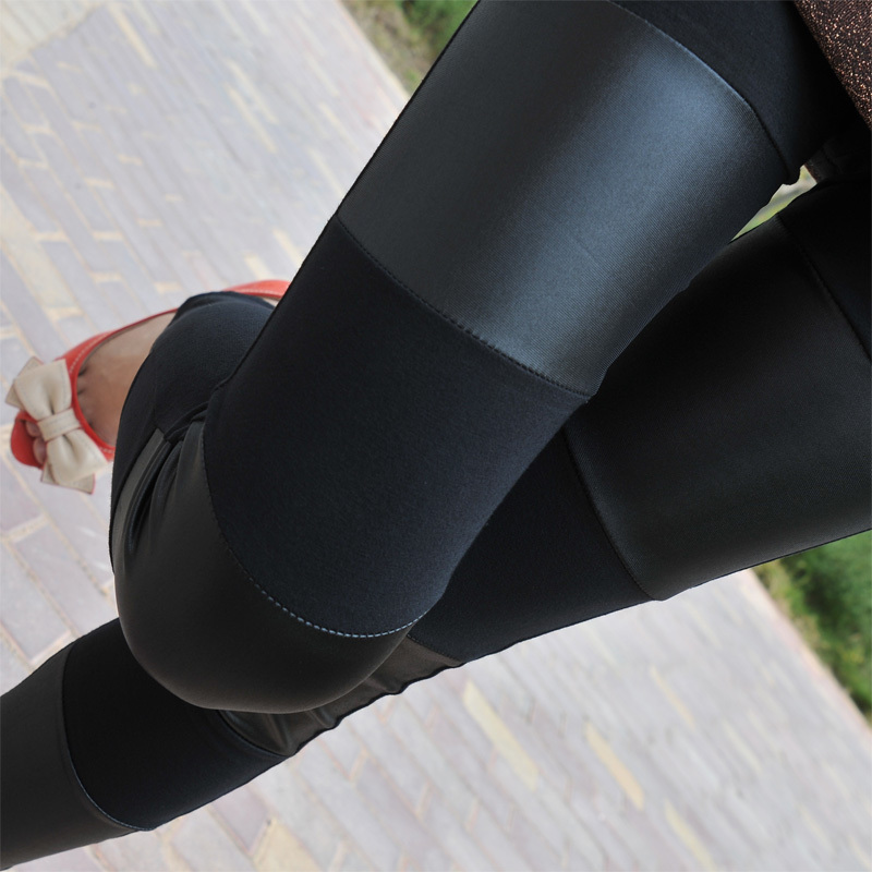 Fashion faux leather pants faux leather patchwork legging female black trousers skinny pants