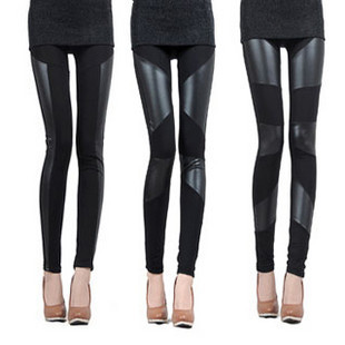 Fashion faux leather pants patchwork pants trousers faux leather pants elastic boot cut jeans legging female