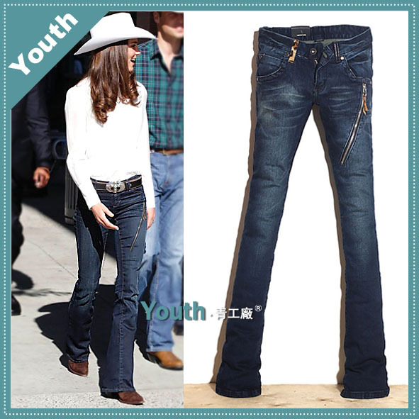 Fashion female jeans thin version of the low-waist bell-bottom zipper leopard print leather buckle on decoration small