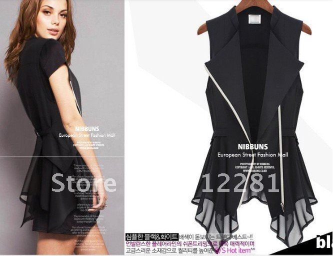 Fashion female vest long design zipper vest chiffon shirt elegant vestel Collar Outerwear Vest