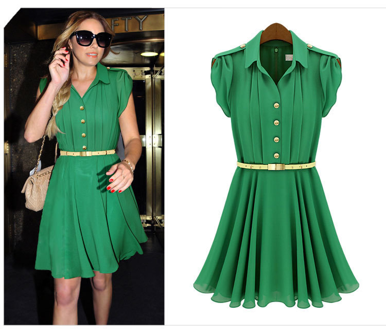 Fashion first quality women's dress with sashes summer clothes chiffon 2 colors .4 size Free Shipping DYQ