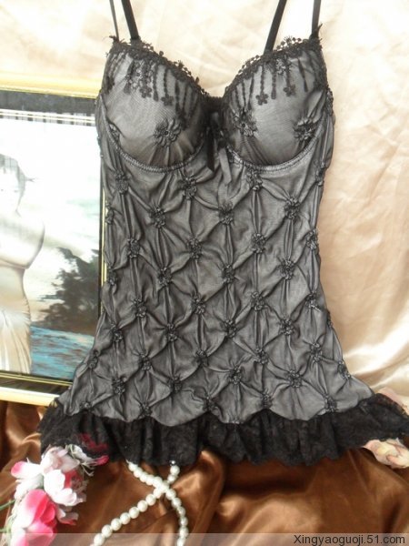 Fashion flores black transparent lace sexy spaghetti strap bra nightgown 80b