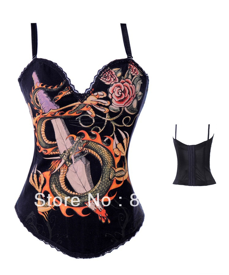 Fashion free shipping sexy Black dragon satin halter corset top Halloween costume corsets slimming tight corset