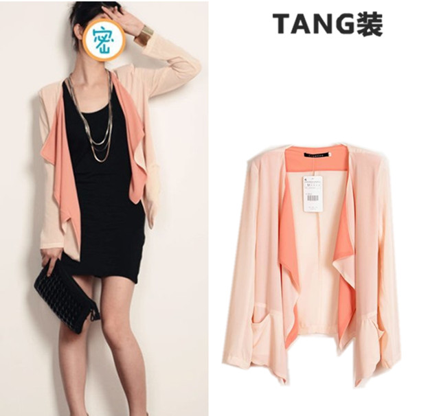 Fashion fresh brief color block air conditioning shirt long-sleeve pocket sunscreen loose all-match chiffon cardigan