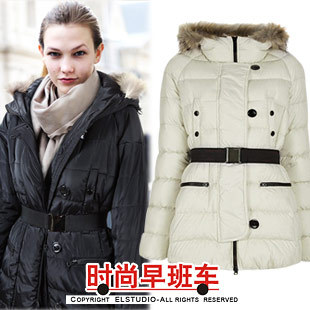 Fashion fur collar hooded zipper belt slim cotton-padded jacket jk636