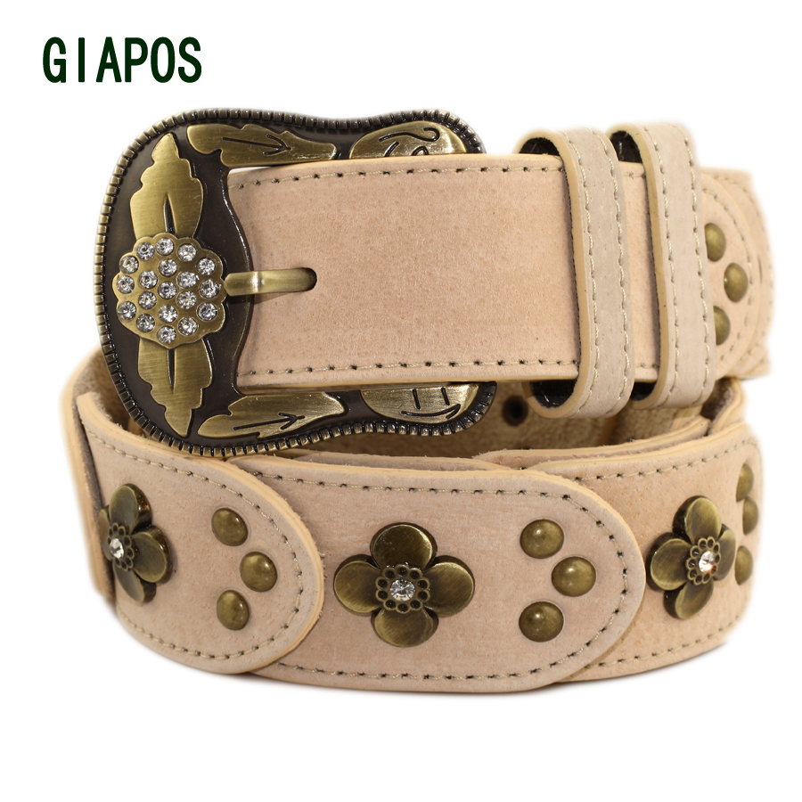 Fashion Genuine Leather Belt Flower Rivets Decoration Pin Buckle Cowhide Leather Belt Dress Belt For Ladies