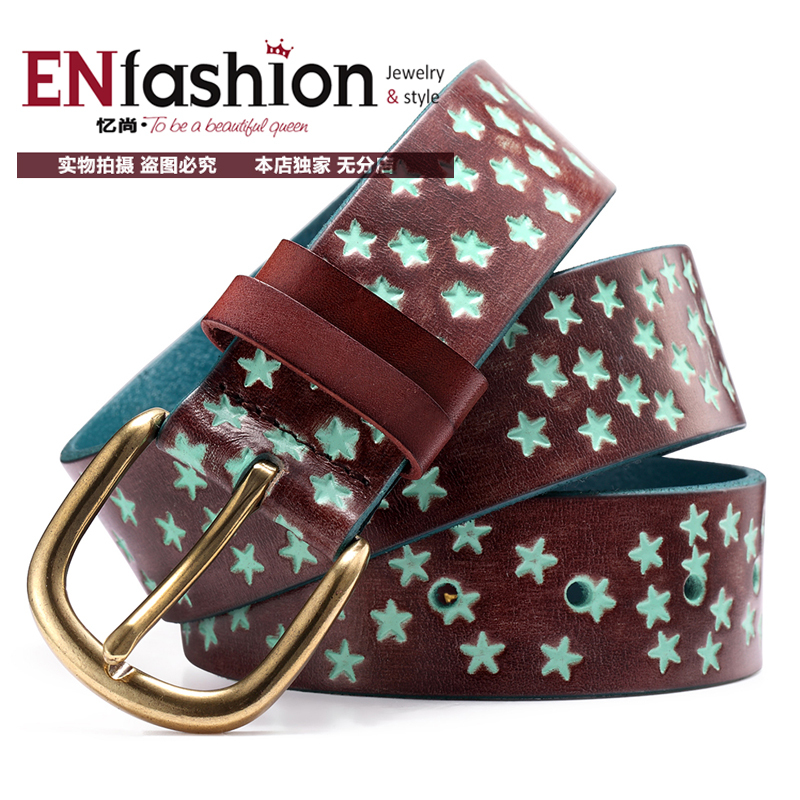 fashion genuine leather belt star rivets stud women belt fashion print belt women leather belt wholesale free shipping