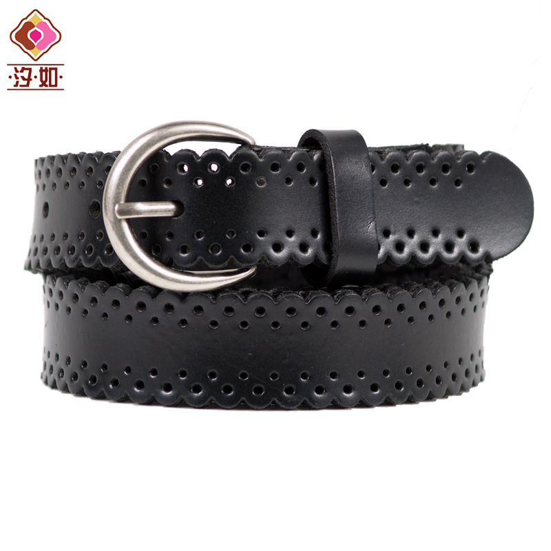 Fashion genuine leather women's strap vintage cutout flower decoration casual pants belt black