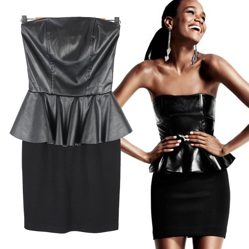 Fashion h m ruffle PU cloth tube top one-piece dress leather skirt dress