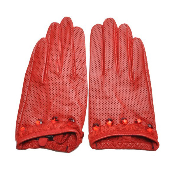 Fashion handmade beaded genuine leather gloves women's short design gloves the trend of fashion red finger gloves Free Shipping