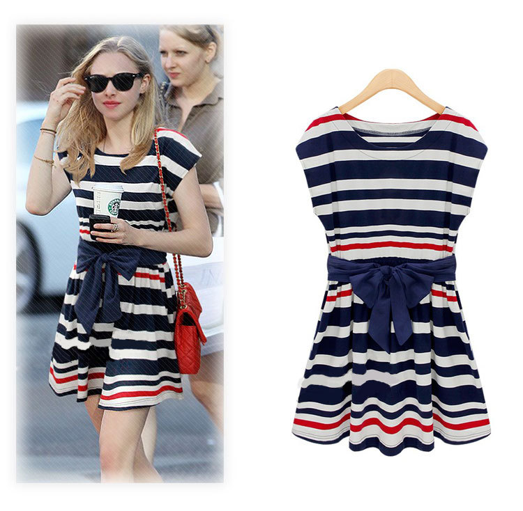 Fashion high quality 2013 women's spring and summer 100% cotton navy style stripe casual basic one-piece dress ,free belt