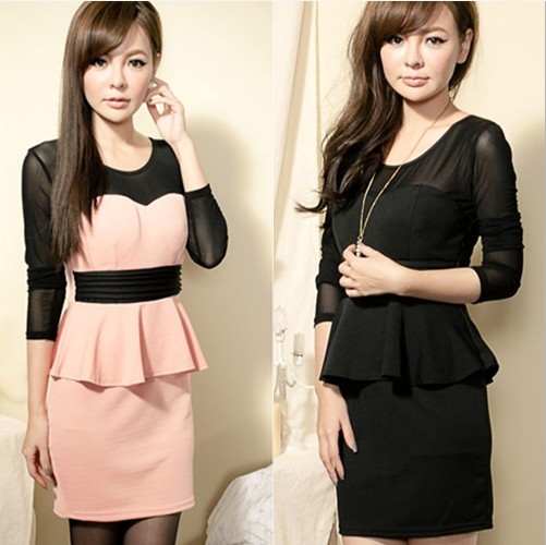 Fashion high quality gauze patchwork slim waist elegant creased ruffle slim hip medium-long one-piece dress