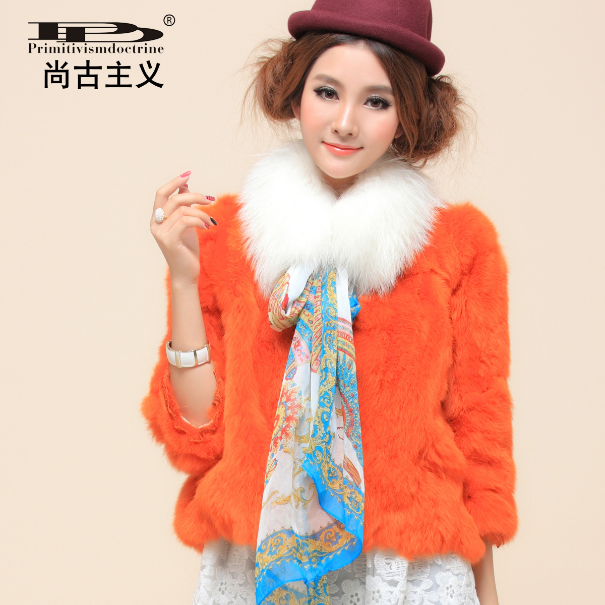 Fashion high quality luxurious rabbit fur solid color o-neck thermal fur outerwear w80651