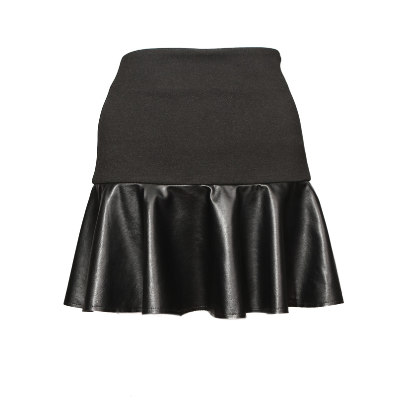 Fashion high waist knitted patchwork faux leather pleated short skirt leather short skirt leather skirt bust skirt pleated skirt