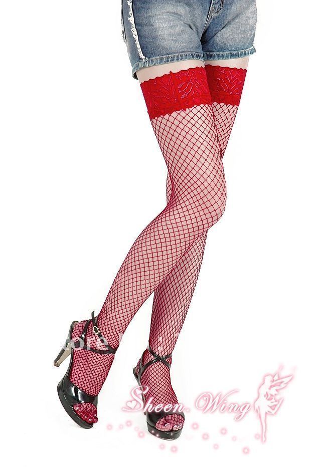 Fashion Hollow-out long socks sexy high lace cutout jacquard small mesh multicolour fishnet stockings Black or Red for choose