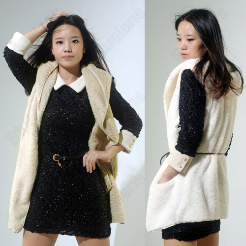 Fashion Hollywood Women's Oversized Thick Faux Fur Sheepskin Hooded Vintage Vest Coat with Belt 31376