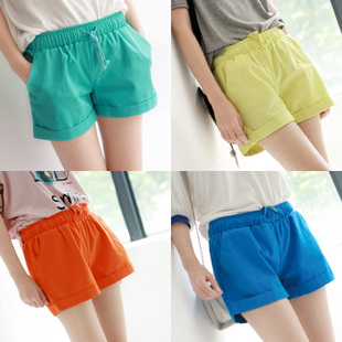 Fashion holy candy color roll up hem fluorescent shorts elastic waist shorts summer female beach pants 6