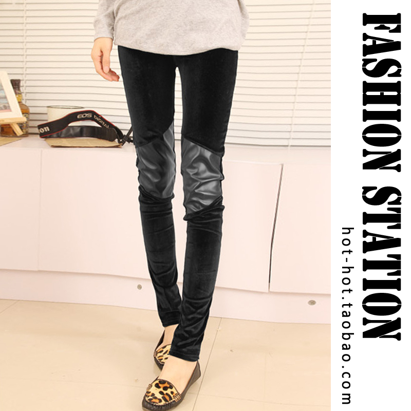 Fashion hot-selling leather patchwork gold velvet legging black long trousers female spring