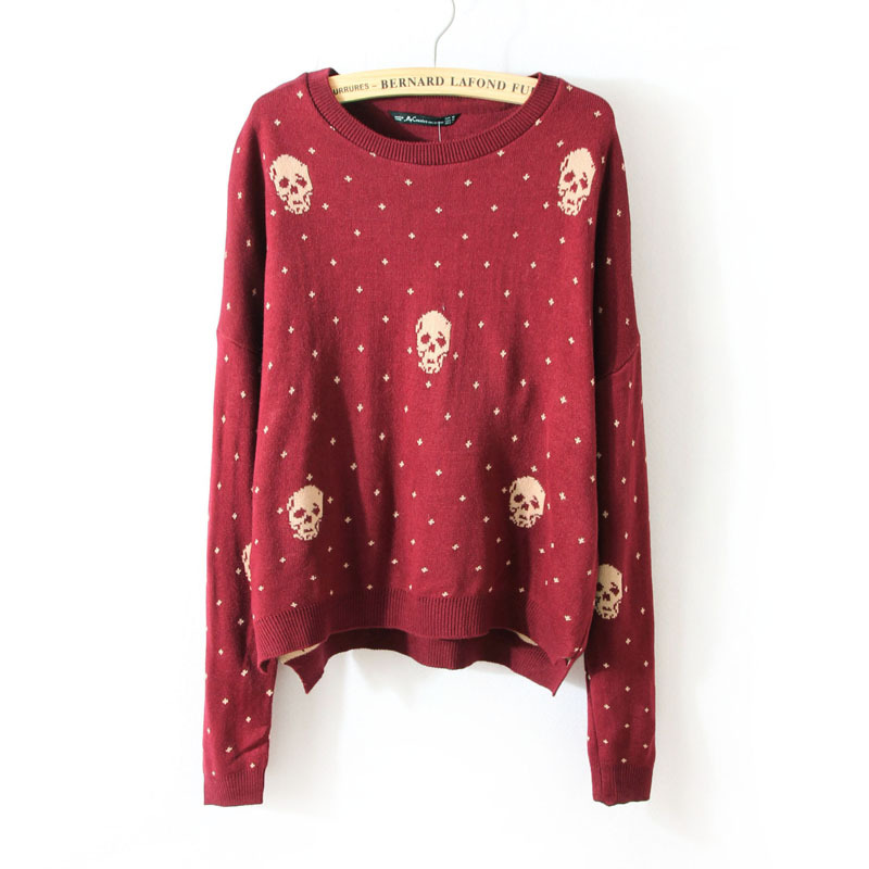 Fashion hot-selling vampish skull polka dot pattern side vent low-high o-neck female sweater