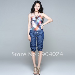 Fashion hot selling women Spaghetti strap plaid 100% cotton jumpsuit ,pant