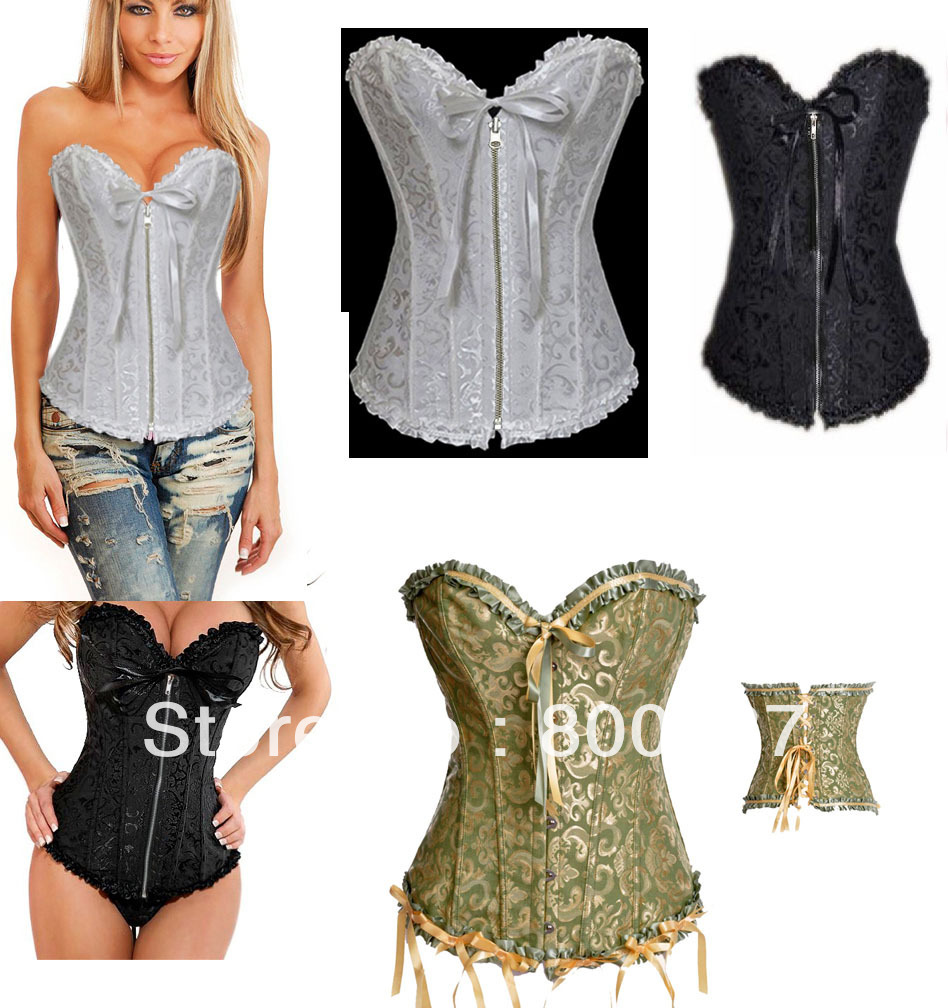 Fashion Hot Sexy Corset Bustier Chest zipper Bows Flowers G-String Satin lace up back Steel Boned Size S-2XL